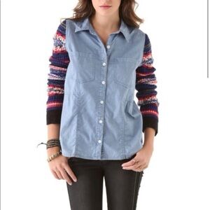 Free People Chambray Fair Isle Knit Sweater Sleeve Button Down Shirt Size Medium